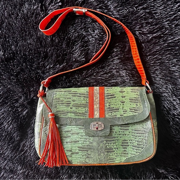 Faux Snakeskin Saddle Bag EUC Green & Orange Tassel Accent - Picture 2 of 12